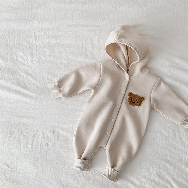 Bộ Đồ Ngủ Liền Thân Tay Dài Bằng Vải Cotton In Họa Tiết Gấu Dễ Thương Phong Cách Hàn Quốc Cho Bé