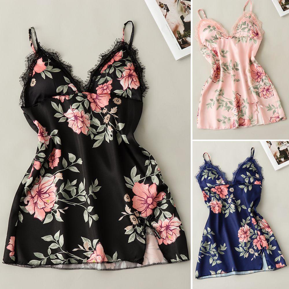 YVE Đồ ngủ Vải Lụa Satin Phối Ren Hoa Có Mút Đệm Ngực Thời Trang Mùa Hè Xinh