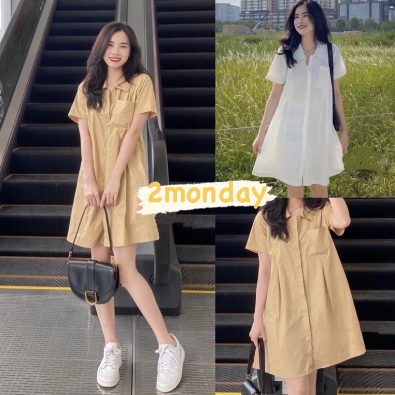 [ẢNH THẬT/VIDEO] VÁY SƠ MI DÁNG BABYDOLL UZZANG CÓ TÚI NGỰC SIÊU XINH VÁY SƠ MI CỔ ĐỨC DÁNG SUÔNG HÀN QUỐC