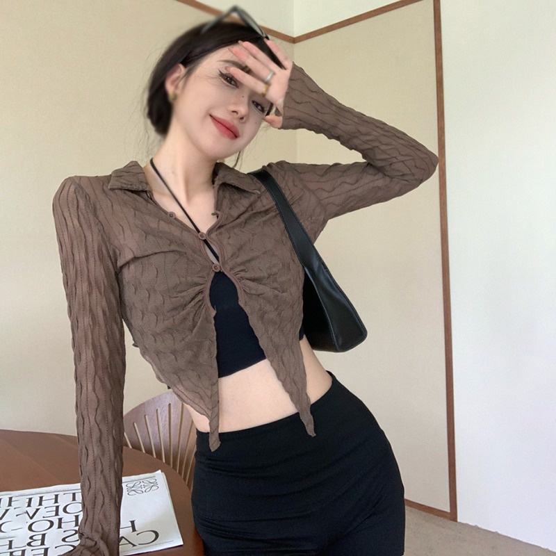 Áo Croptop Tay Dài Dáng Ôm Màu Trơn Thời Trang Hàn Quốc Gợi Cảm Cho Nữ