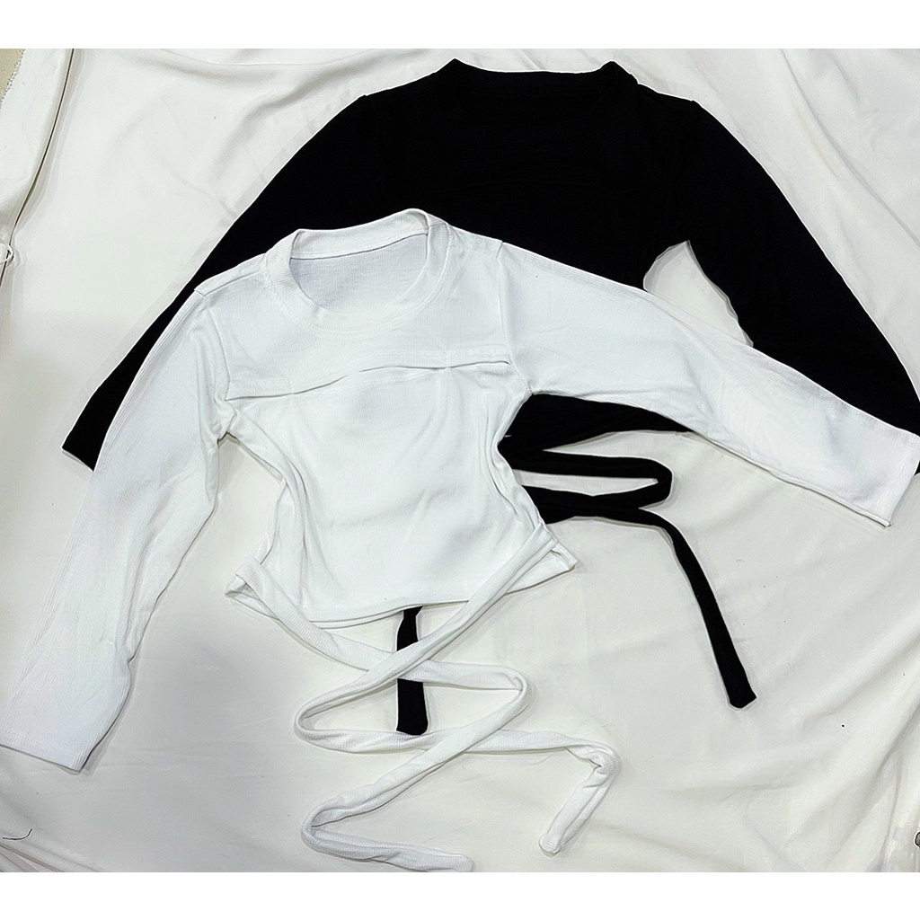 Áo thun croptop tay dài khoét ngực gợi cảm phối dây đan eo ôm body tôn dáng đẹp bốc lửa NA