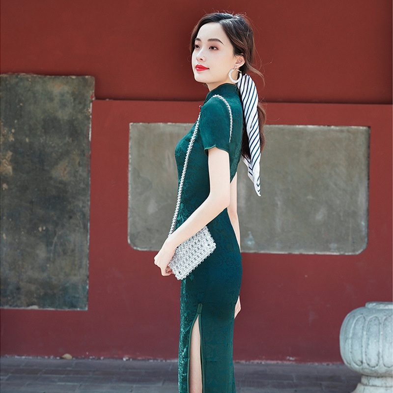 Sườn Xám Cách Tân Tay Ngắn Dáng Dài In Hoa Kiểu Vintage Trung Hoa Dễ Thương Cho Nữ