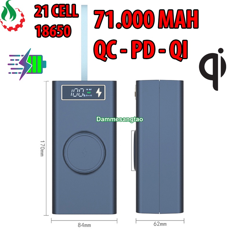 Pin sạc dự phòng 21 cell hỗ trợ sạc nhanh không dây PD22.5W và Qi15W