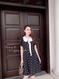 Váy Bầu Suông Cổ Nơ Chấm Bi Siêu đẹp