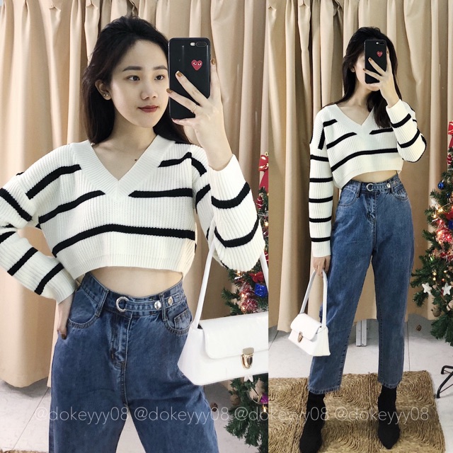 Áo len cổ tim croptop 507