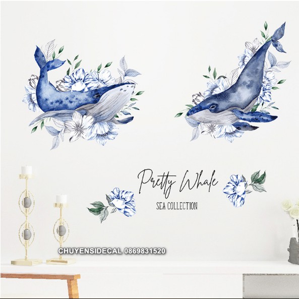 Decal trang trí tường - Cá Voi Xanh Hoa Cổ điển