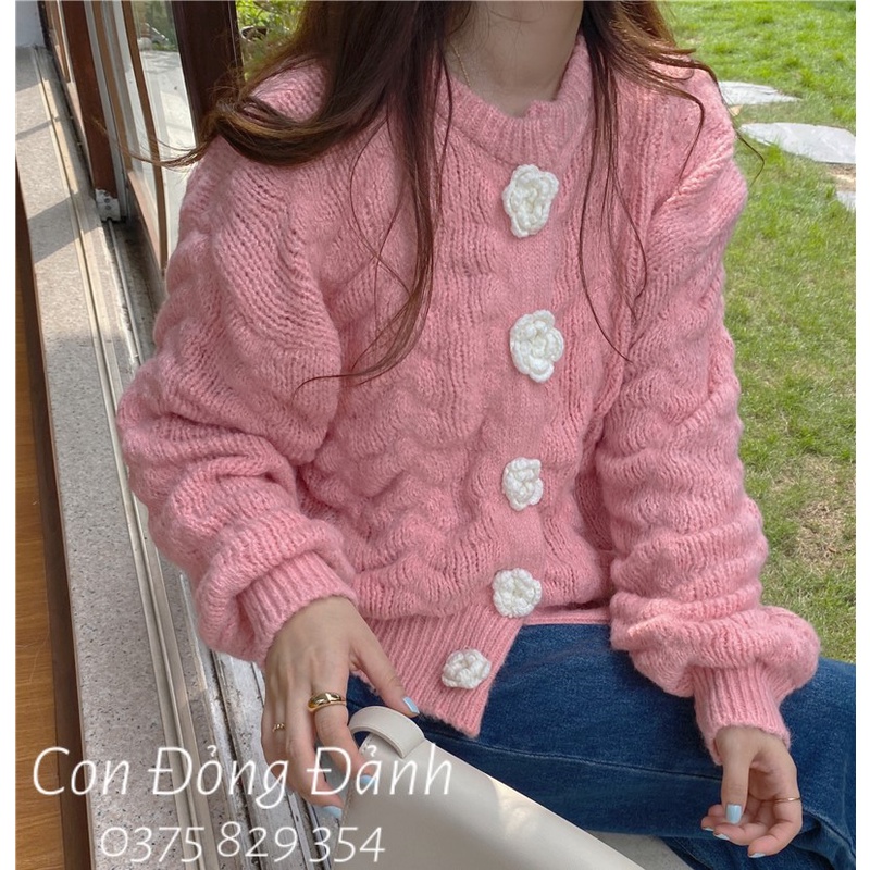 [ORDER] Áo len cúc hoa cổ tròn tay bồng nhẹ xinh Hàn Quốc móc thủ công sợi thưa Quảng Châu AO020 | BigBuy360 - bigbuy360.vn