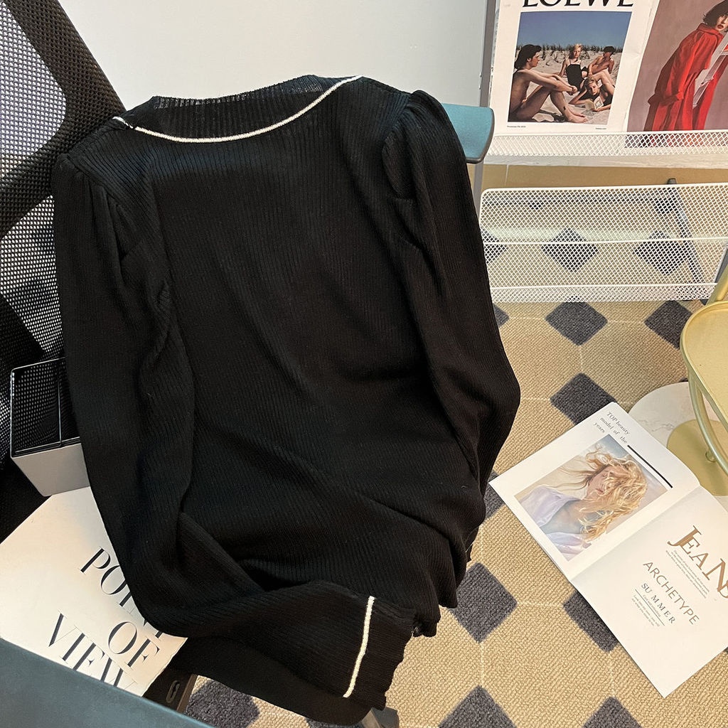 Áo Khoác cardigan Cổ Chữ V Tay Phồng Cài Nút Màu Sắc Tương Phản Thời Trang Mùa Thu Cho Nữ