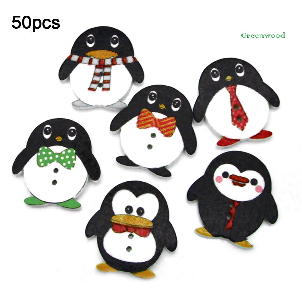 Set 50 Nút Gỗ 2 Lỗ Hình Chim Cánh Cụt Dễ Thương