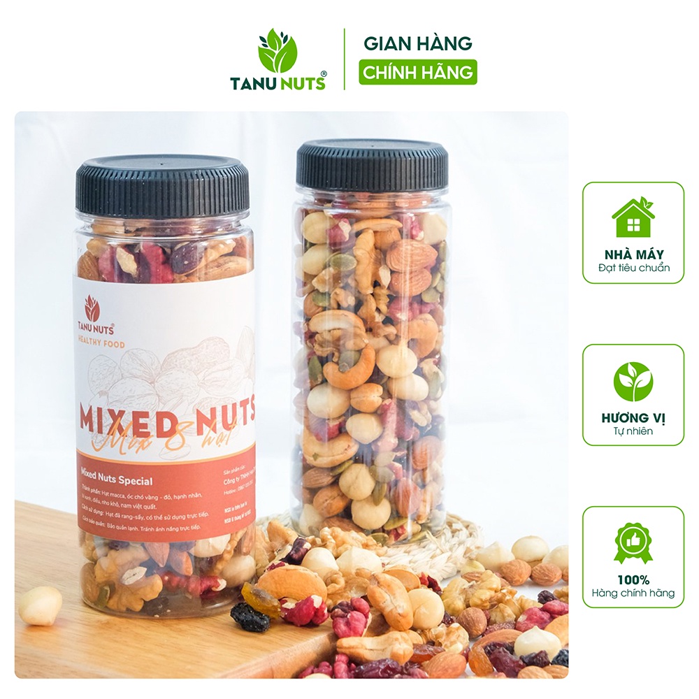 Hạt mix dinh dưỡng TANU NUTS granola mixed nuts 8 loại hạt điều, óc chó, hạnh nhân, macca, bí xanh, nho khô, việt quất