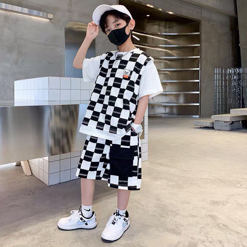 Bộ đồ bé trai Con Xinh cotton hình in Gấu ô vuông JUSTDOIT, thời trang dành cho trẻ em từ 4 đến 10 tuổi