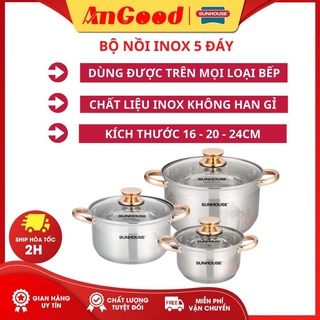 Bộ nồi inox sh781 sunhouse nồi 5 đáy bếp từ 16cm 20cm 24cm tỏa nhiệt đều giữ nhiệt lâu