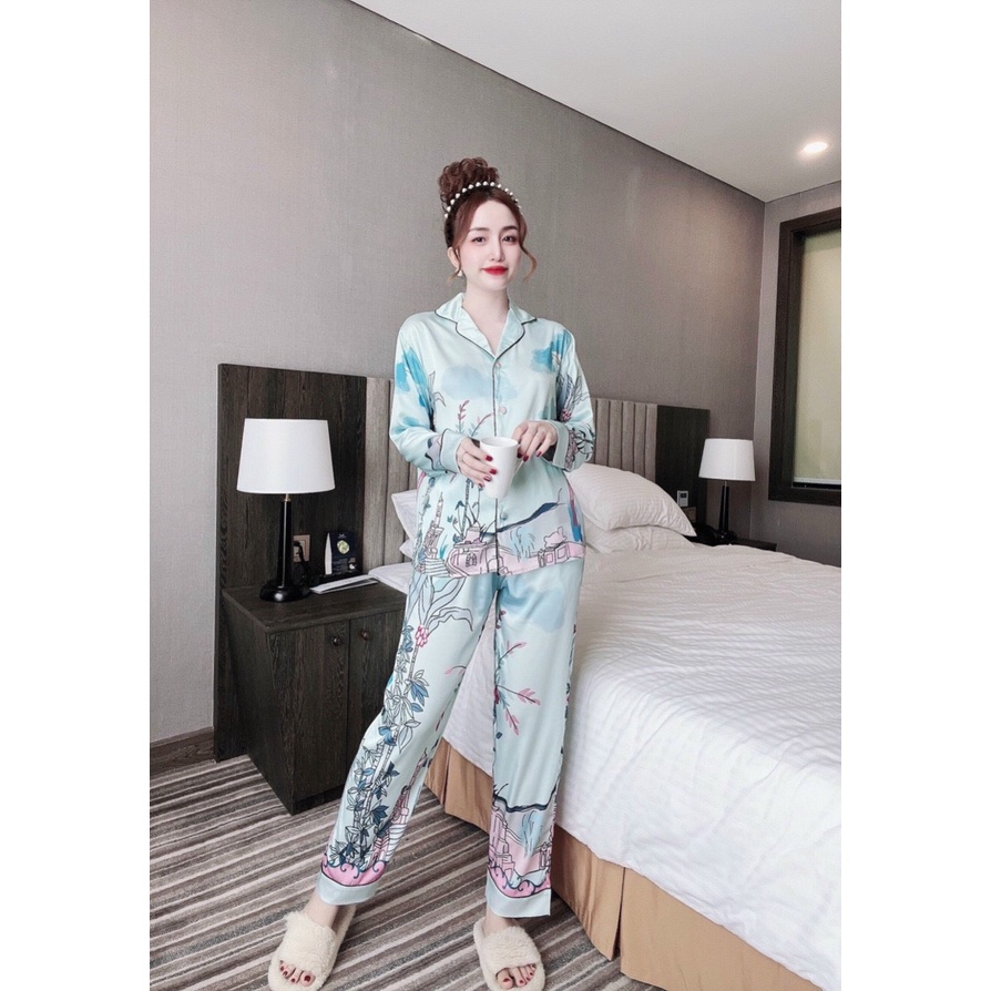 Pijama lụa quần dài hoạ tiết siêu xinh