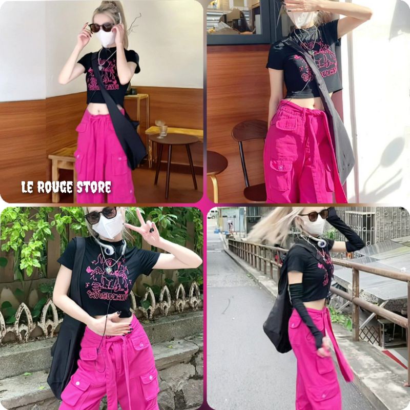 (ORDER) Quần denim hot trend buộc dây túi hộp màu hồng hot pink ulzzang kiểu Hàn E-girl style
