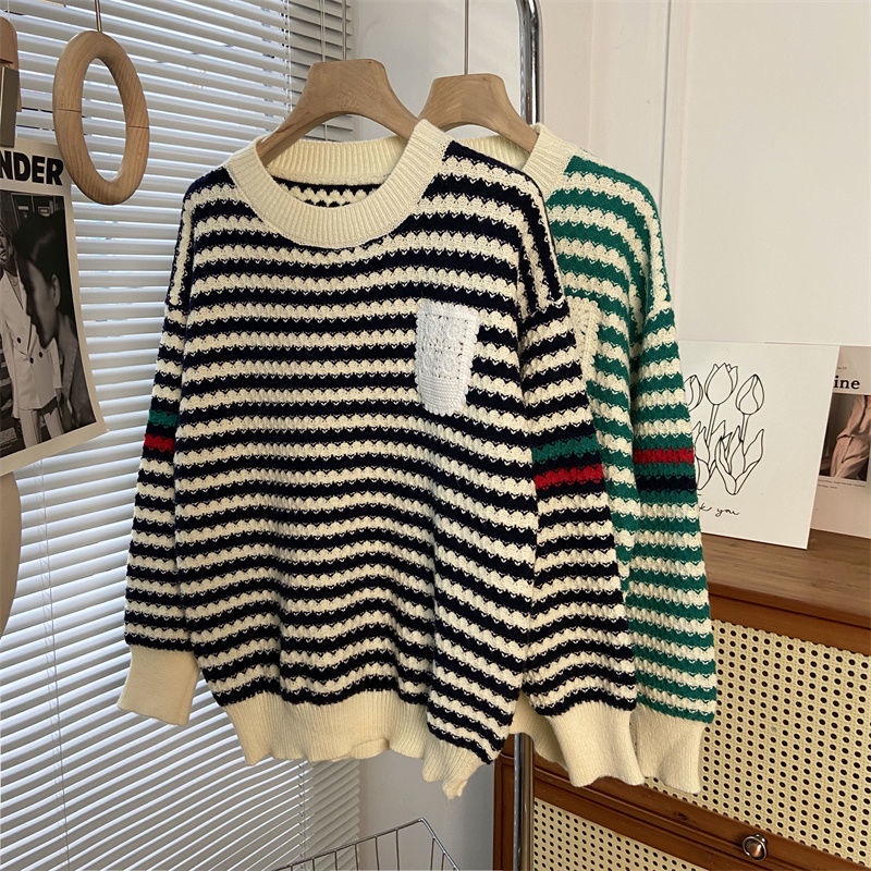 Áo sweater Dệt Kim Cổ Tròn Dáng Rộng Kẻ Sọc Màu Sắc Tương Phản Thời Trang Thu Đông Cho Nữ