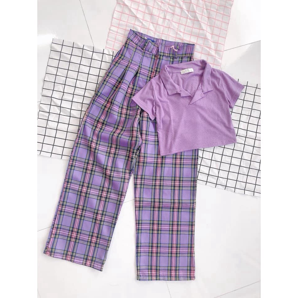 [Mã FAXANH245 giảm 10K đơn 50K] Set áo croptop polo cổ bẻ và quần suông caro tím ống rộng cạp cao quần cá tính | BigBuy360 - bigbuy360.vn