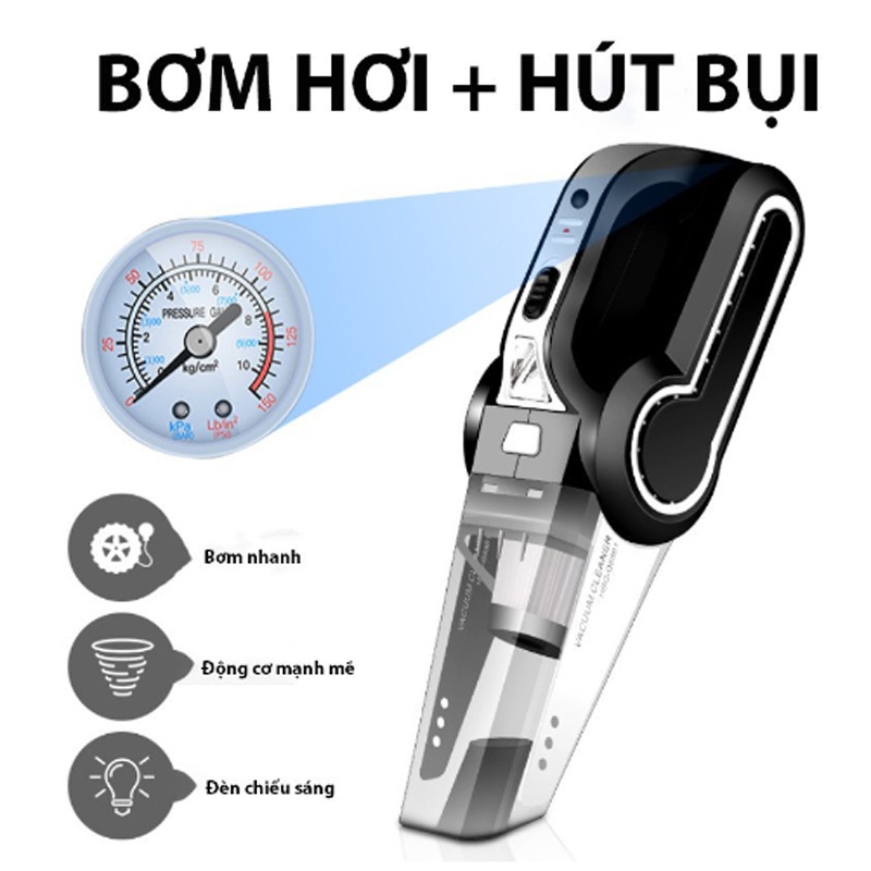 Máy Hút Bụi Ô Tô, Máy Bơm Lốp Ô Tô Đa Năng 4 IN 1 Chế Độ Hút Bụi - Bơm Lốp  - Đo Áp Suất Lốp - Đèn Pin Soi Sáng