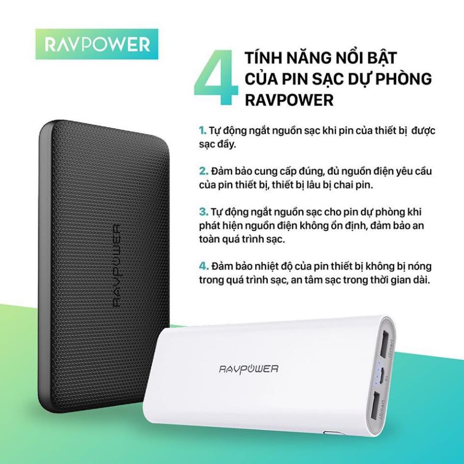 Pin Sạc Dự Phòng Tích Hợp Sạc Không Dây RAVPower 10000mAh 12W Input Type-C RP-PB081- THƯƠNG HIỆU USA - HÀNG CHÍNH HÃNG