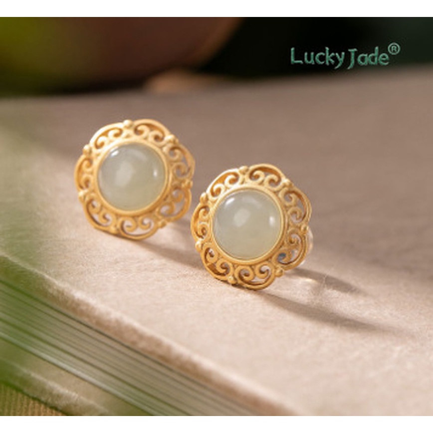 Bông Tai Bạc 925 Đính Đá Ngọc Bích Màu Xám Đỏ Cá Tính Phong Cách Vintage Dành Cho Nữ