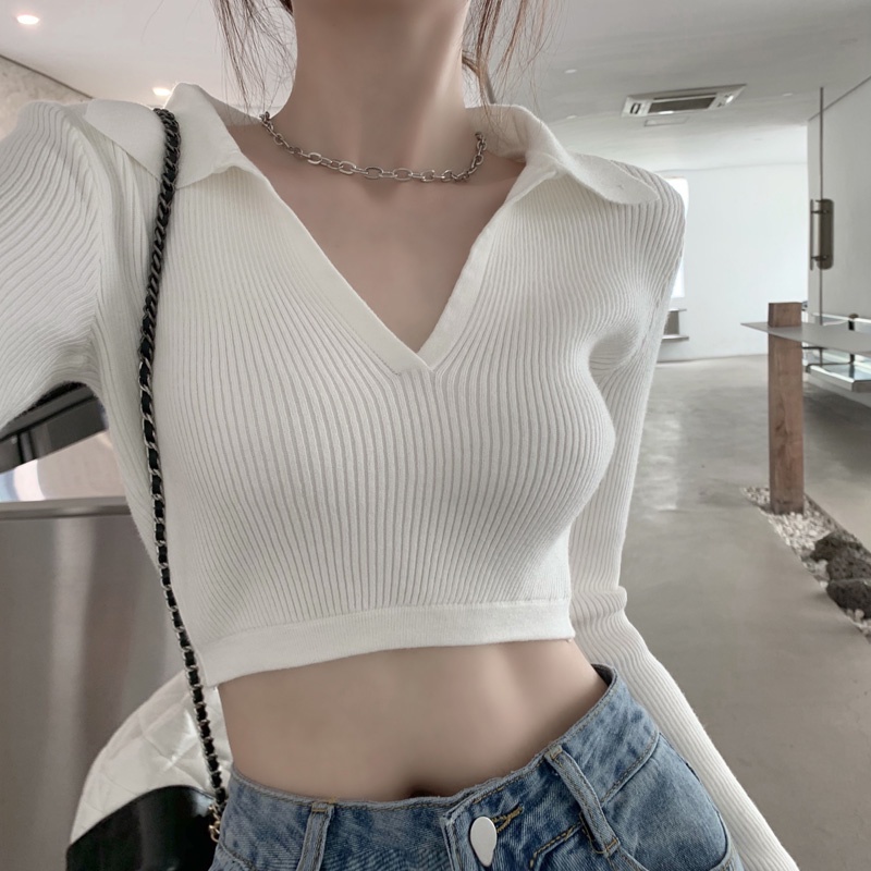 Áo Thun Dệt Kim Ngắn Tay Cổ Chữ V Thời Trang Hàn Quốc Dành Cho Nữ
