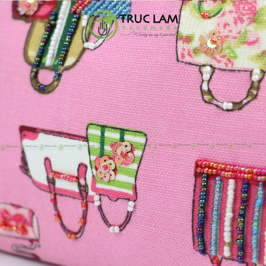 Ví Cầm Tay Túi Đựng Mĩ Phẩm Hình Bán Nguyệt Có Quai Xách Thêu Cườm Thủ Công - Trúc Lâm Handmade