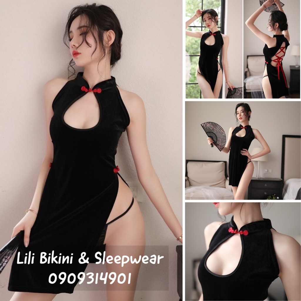 Đồ Ngủ Cosplay Sườn Xám Xẻ Tà thiết kế đan dây lưng sexy  kèm quần lót lọt khe hàng cao cấp