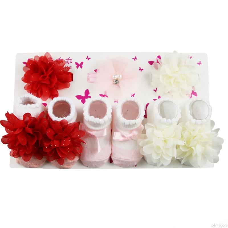 Set 3 món vớ cotton chống trượt đính nơ + băng đô xinh xắn cho bé