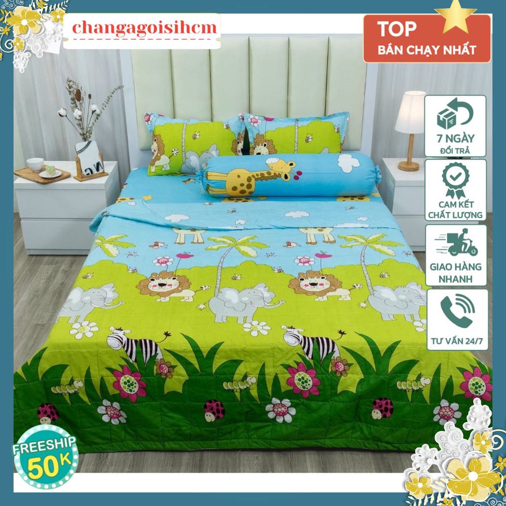 Bộ ga gối 1m6/1m8/2mx2m2,set 3 món vải cotton poly-changagoisihcm-MẪU VƯỜN THÚ
