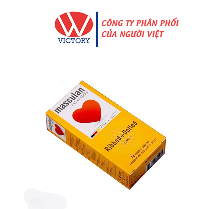 Hộp 10 cái - Bao Cao Su Masculan Ribbed + Dotted Type 3 (Masculan Vàng) - Gân + Chấm hạt - Victory Pharmacy