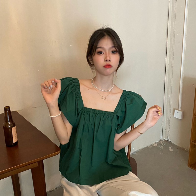 Áo nữ trễ vai SUXI dáng rộng màu trơn thời trang mùa hè phong cách vintage