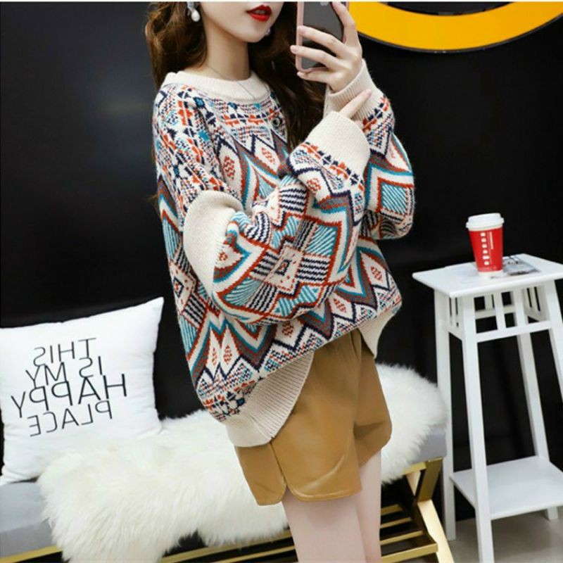 Hàng nhập - Áo len nữ form rộng hoa văn thổ cẩm, áo kiểu thu đông bohemian
