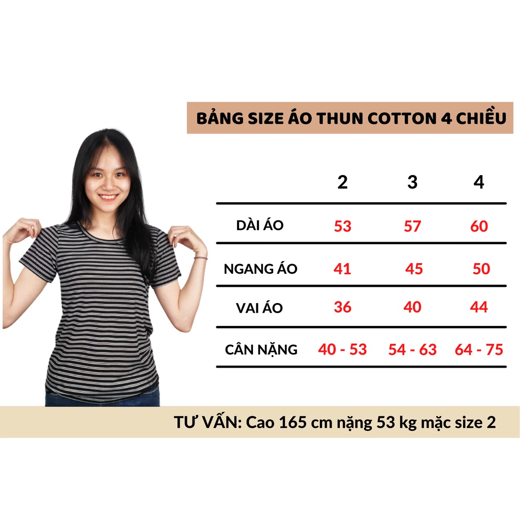 Áo thun nữ sọc ngang vải thun cotton co giãn 4 chiều siêu mềm siêu mát dưới 75kg