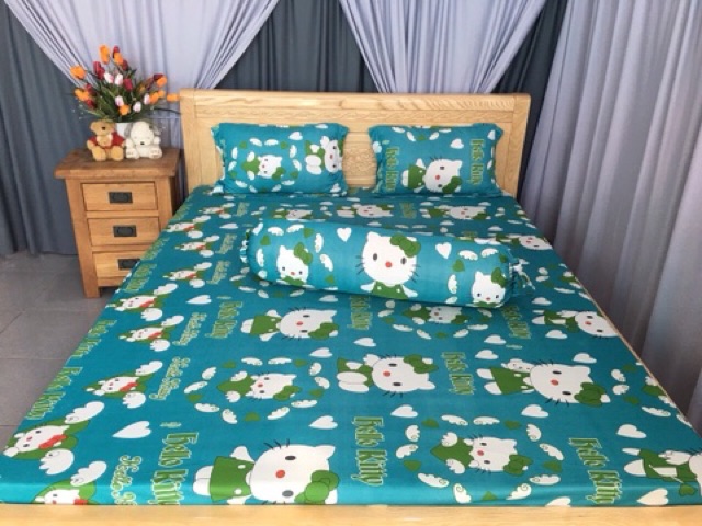 Drap thun❤️FREESHIP❤️ga thun lạnh Hàn Quốc mẫu mèo nơ ( 1 ga, 3 áo gối)