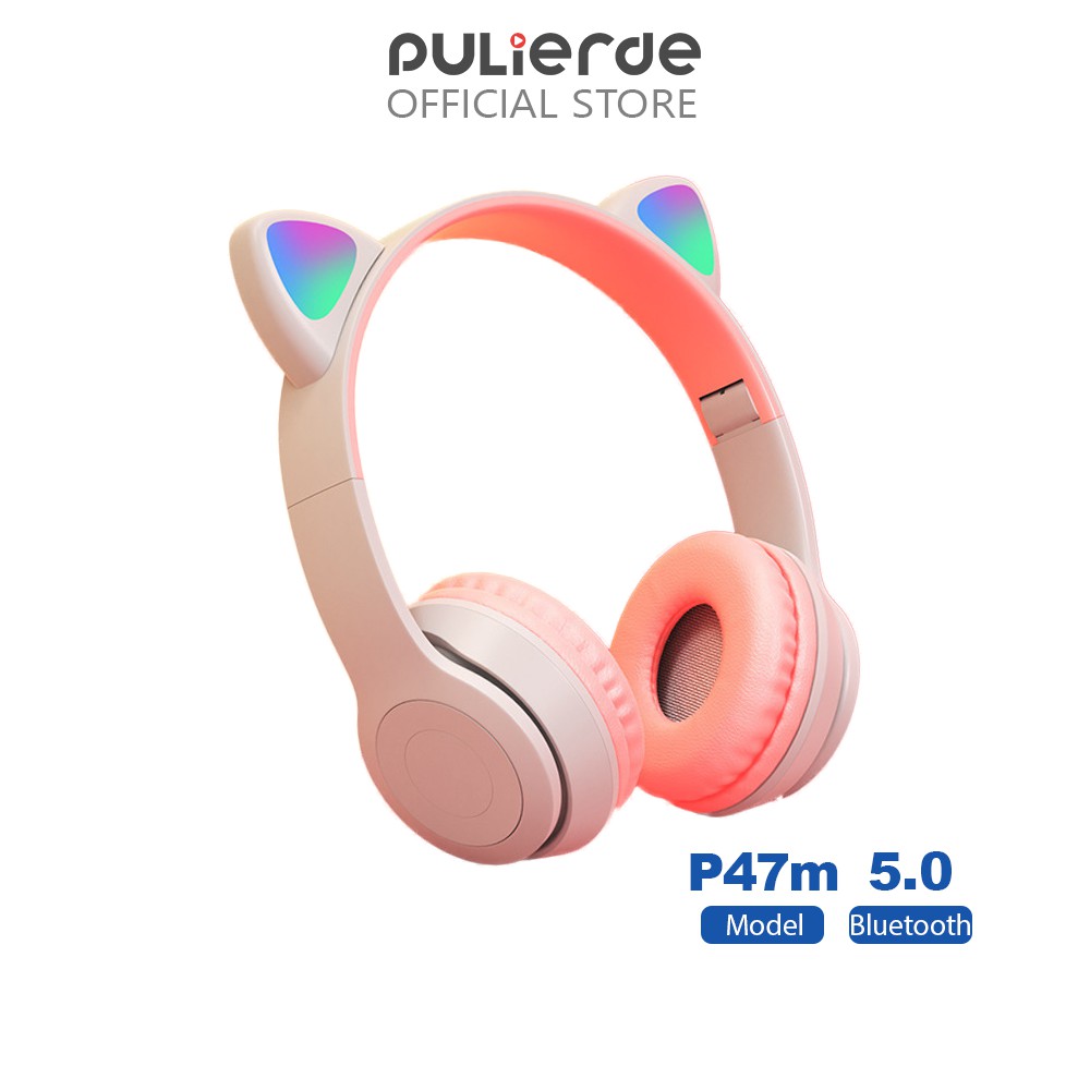 Pulierde P47m Wireless Bluetooth5.0 Headset Cute Cat Ears LED Effect With Mic