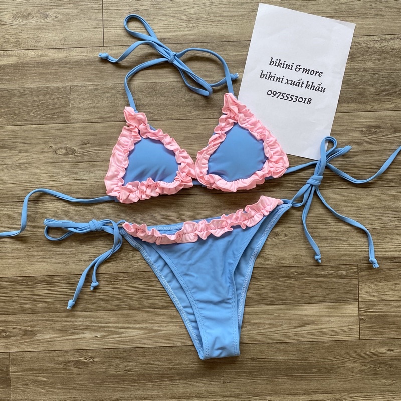 [BKN1269] &lt;ÂU&gt; SET BIKINI XANH BLUE VIỀN BÈO HỒNG