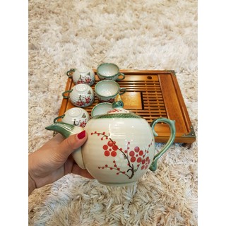 COMBO Bộ Ấm Chén MEN VẼ + KHAY GỖ BỌC ĐỒNG