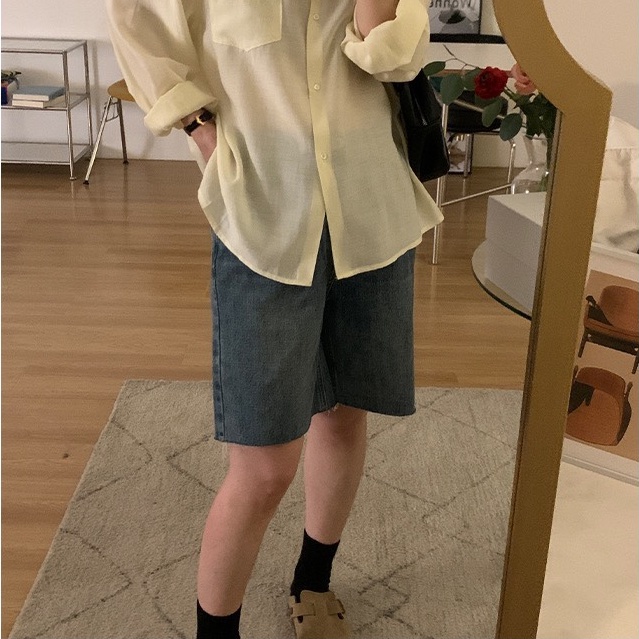 Quần Short Denim Lưng Cao Ống Rộng Cỡ Lớn Thời Trang Hàn Quốc Cá Tính Cho Nữ