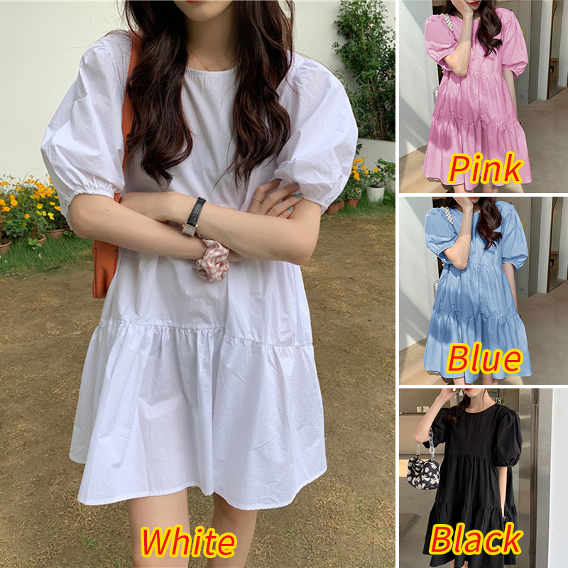 VONDA Women Casual Korean Short Sleeve Round Neck Loose Plain Pleated Short Dress