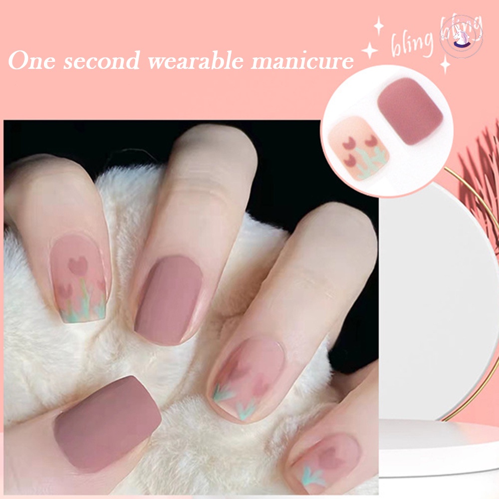Bộ 24 Móng Tay Giả Màu Be Họa Tiết Hoa Tulip Phủ Toàn Diện Thời Trang Cho Nữ