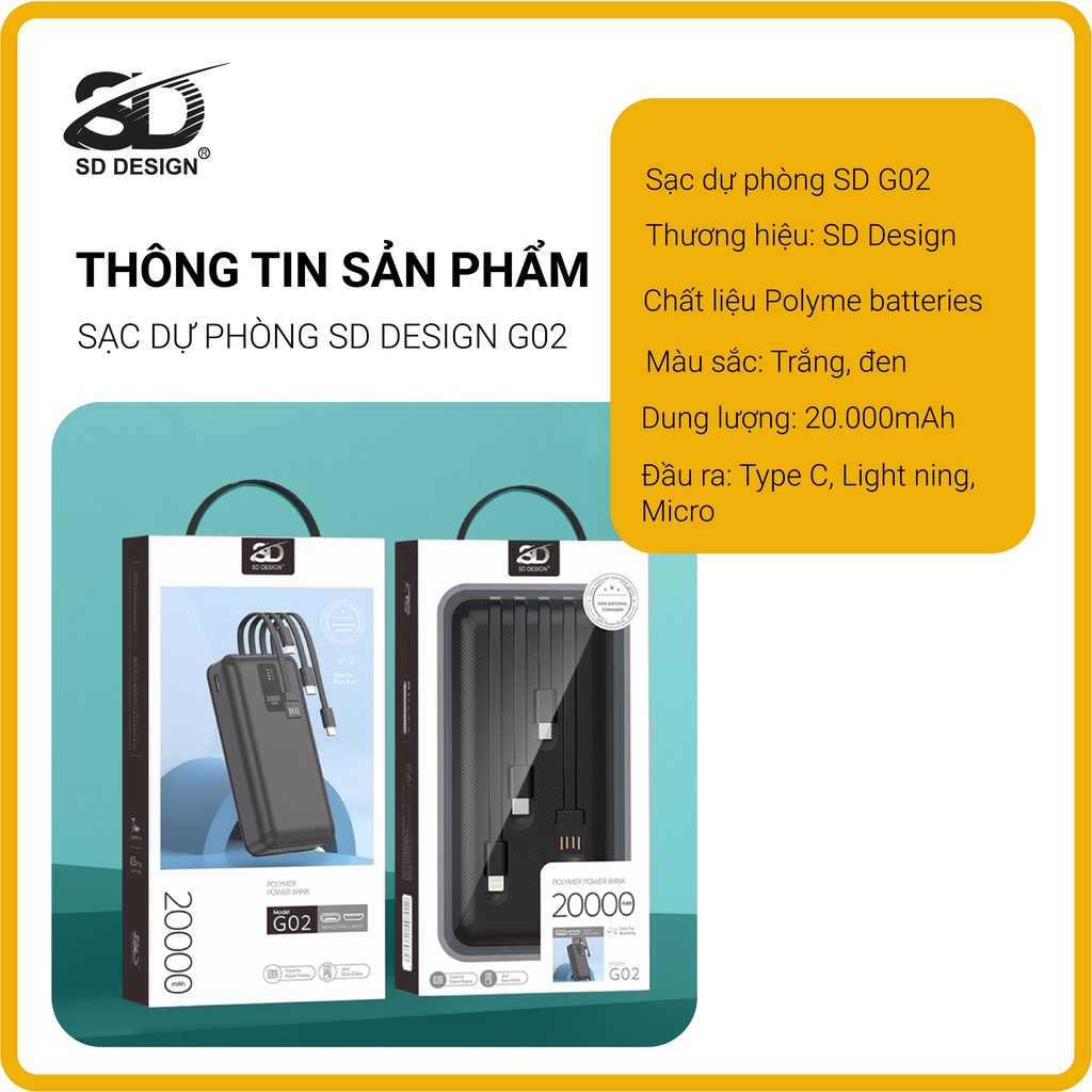 Sạc dự phòng chính hãng SD DESIGN G02 dung lượng 20.000 mAh với đầy đủ chân sạc cho iphone, samsung, xiaomi,...