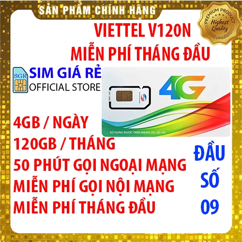 Sim 4G Viettel V120N gói 120Gb/tháng - 4Gb/ngày tốc độ cao 4G + 50 Phút gọi ngoại mạng - Miễn phí tháng đầu - Sim Giá Rẻ