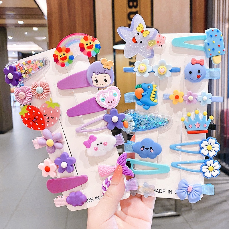 Kẹp cute, set kẹp tóc  màu xanh 14 chi tiết hình thú, Kẹp tóc mái màu xanh dương phối bông hoa cho bé gái, dễ thương