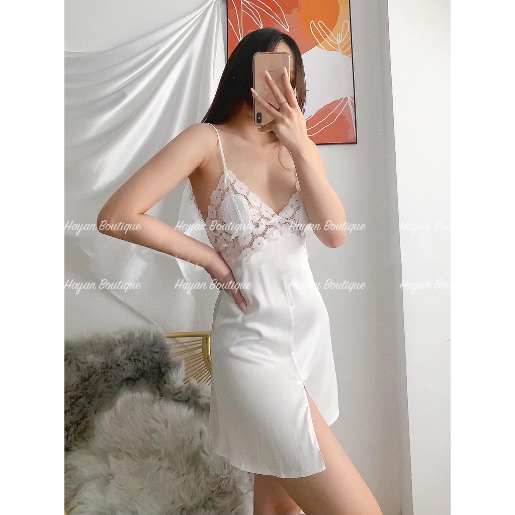 HT40 Váy ngủ sexy lụa phối ren hoa kèm ĐỆM LÓT, đồ ngủ 2 dây quyến rũ gợi cảm HT40