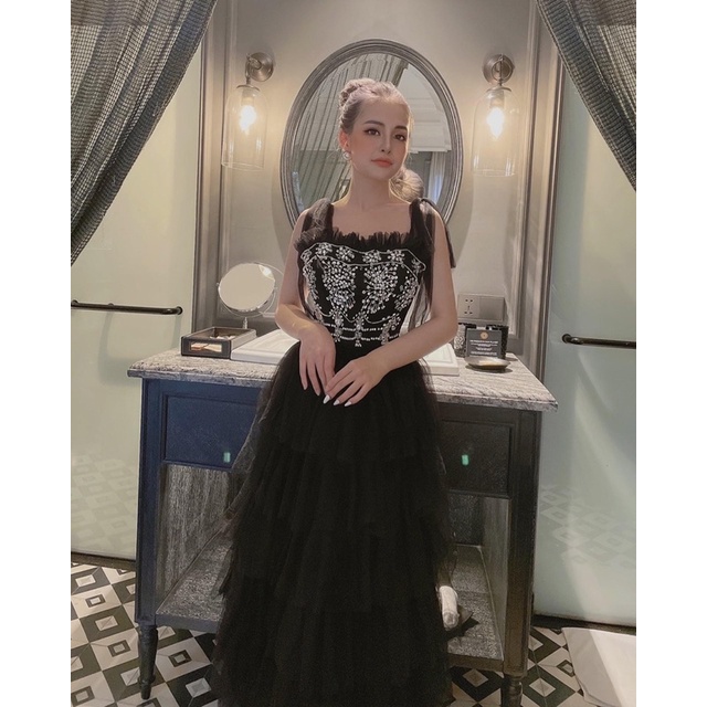 Đầm xoè xếp tầng hai dây nơ vai kết đá sang trọng TRIPBLE T DRESS - size M/L - MS350V