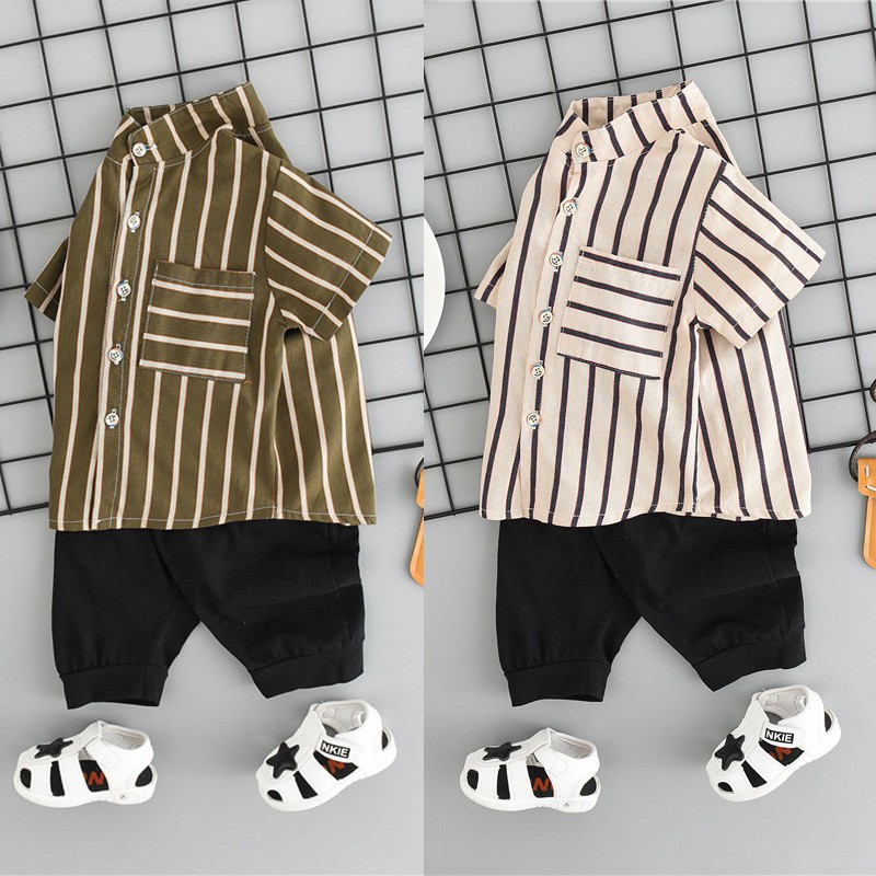Set áo sơ mi ngắn tay họa tiết sọc và quần short cho bé trai