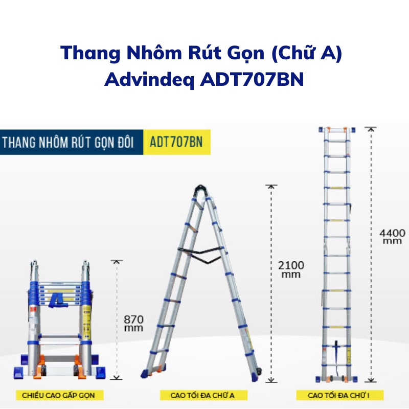 Thang nhôm rút chữ A nhập khẩu ADVINDEQ ADT707BN 8 đế cao su chắc chăn - Có bánh xe kéo - Hợp kim nhôm cao cấp