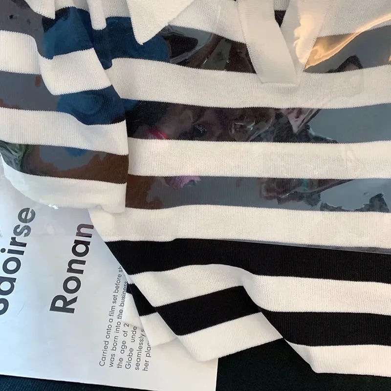 Jiashucheng Áo Thun polo Ngắn Tay Vải Lụa Lạnh Kẻ Sọc Đen Thời Trang Mùa Hè 2023 Cho Nữ