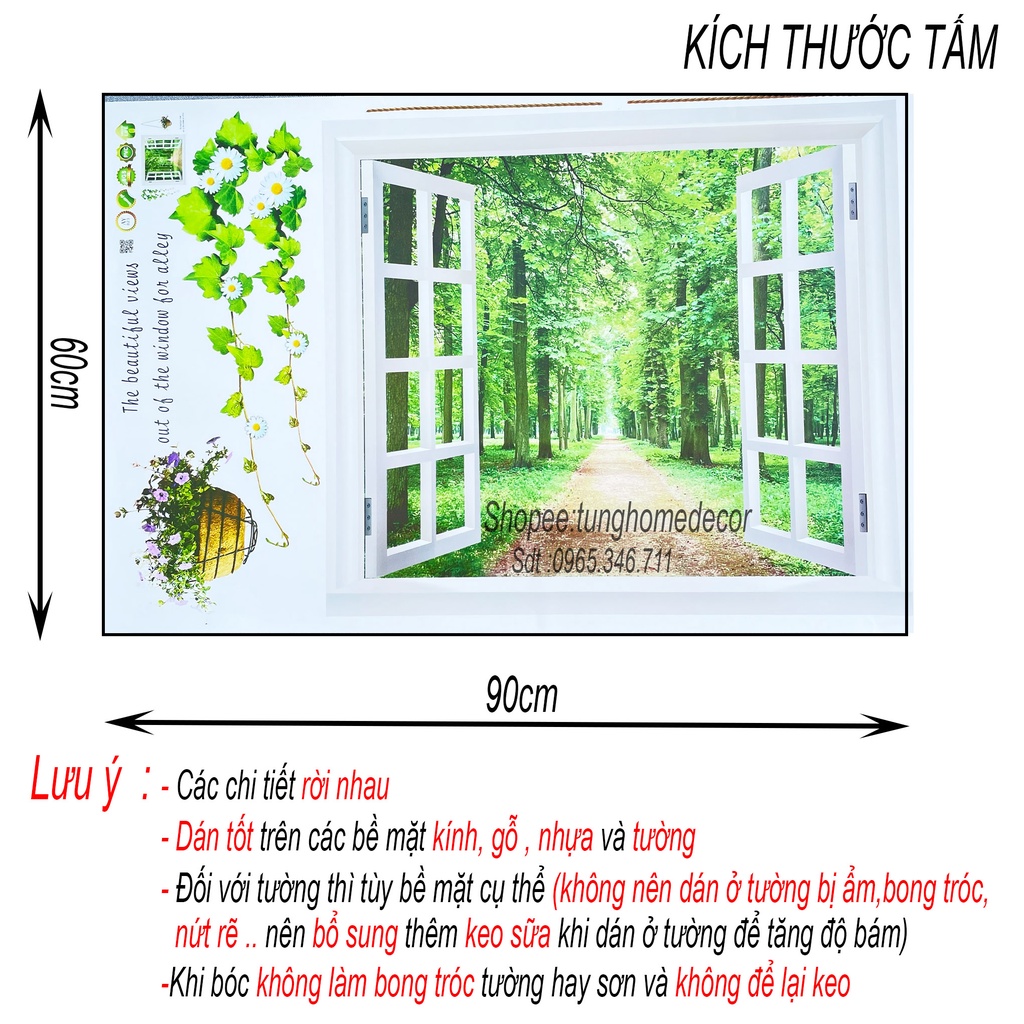 Decal dán tường hàn quốc trang trí phòng ngủ TUNG DECOR Khung Cửa Sổ & Cỏ 3 Lá