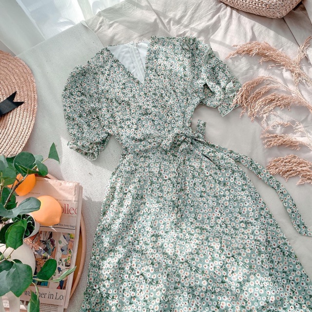 Đầm Hoa Xoè Vintage Tay Bo Dễ Thương