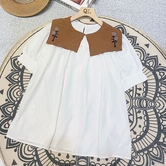 Áo sơ mi cộc tay cổ pha thêu babydoll xinh